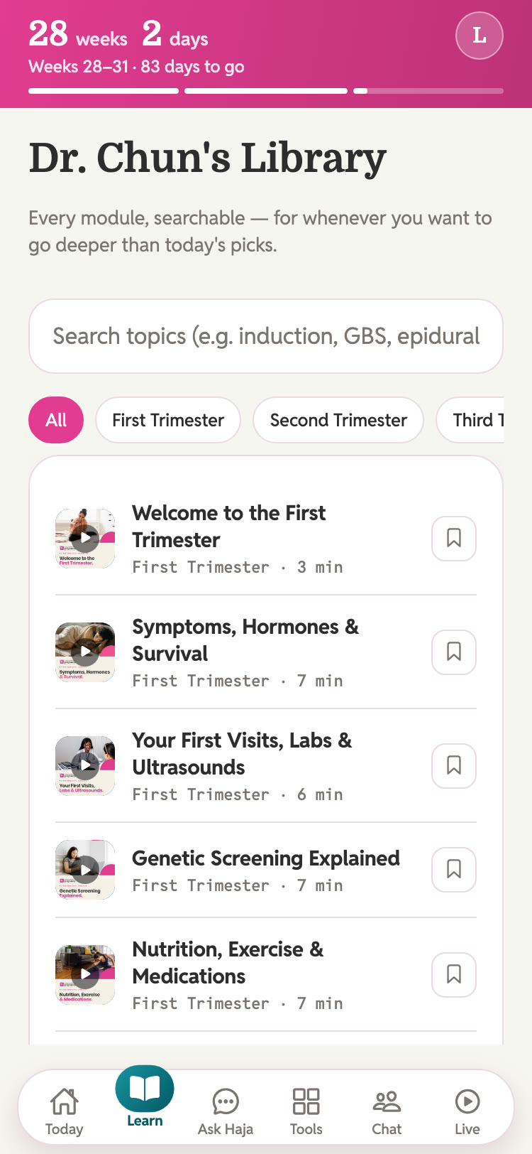 Haja Health app preview: the Learn screen