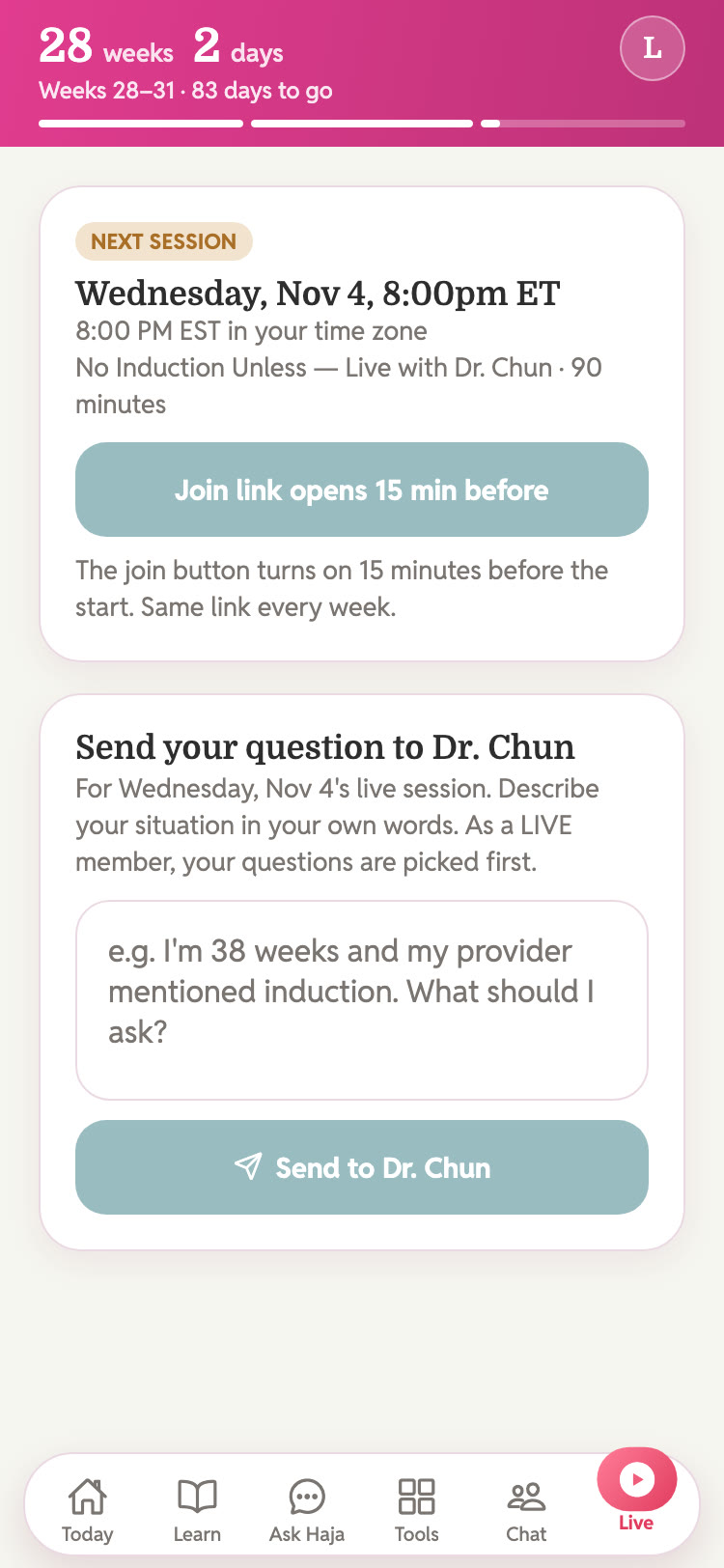 Haja Health app preview: the Live screen