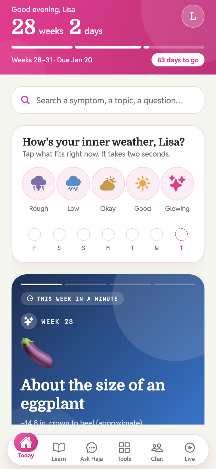 Haja Health app preview: the Today screen